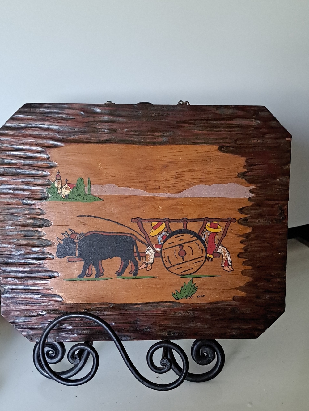 Vtg Mexican Folk Art Plaque Featuring Hand Painted Scene Of Farmer Oxen Cart - Picture 2 of 5